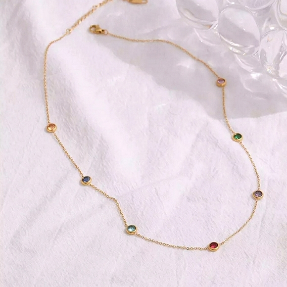 Gold plated necklace with colorful zirconias; nwot - Picture 2 of 11